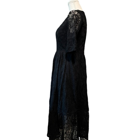 FREE PEOPLE WOMEN’S BLACK MIDI DRESS DEEP V-NECK AND LACE OVERLAY SZ MEDIUM - Picture 2 of 11